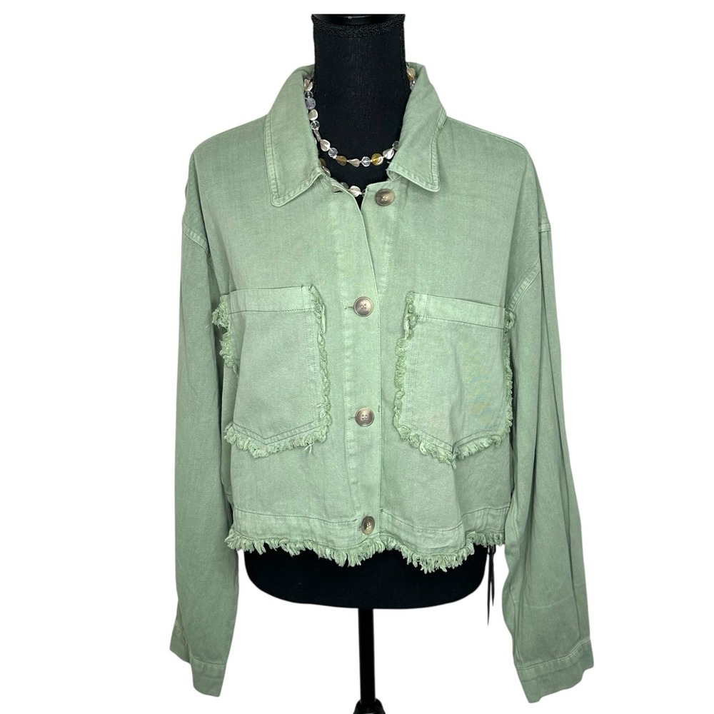 BLANKNYC Cropped Jacket L‎ Sage Green Frayed Hem Utility Cotton 41KY6288